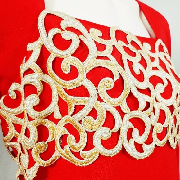 1980s Vintage Lipstick Red Fitted Cocktail Dress With Gold Trim & Shoulder Pads - Picture 7 of 9